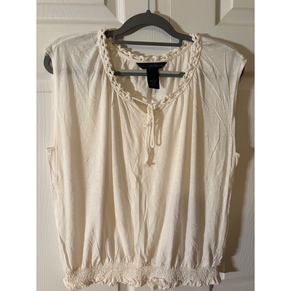 Calvin Klein Jeans Cream Crochet Neck Smocked Hem Sleeveless Blouse Medium